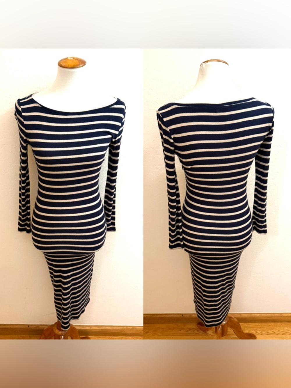 BCBGMaxAzria Navy and White Striped Ribbed Knit Dress